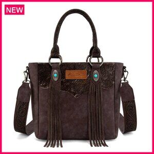 Western Cowhide Crossbody Bag with Tassel Top Handle, 9x4x9 Inches